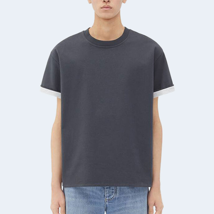 보테가 베네타 더블 레이어 코튼 체크 티셔츠 그레이